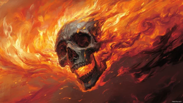 Skull in roaring flames, orange and red hues swirling, intense and dramatic effect.