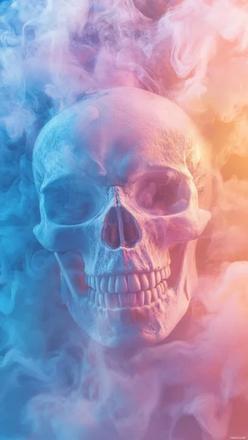 Skull in soft pastel outlines surrounded by dreamlike haze.