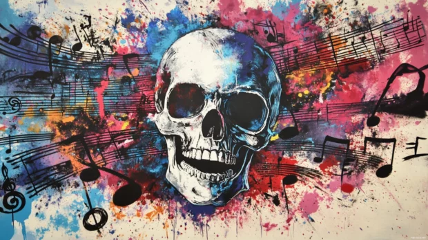 Skull in spray paint explosion surrounded by music notes.
