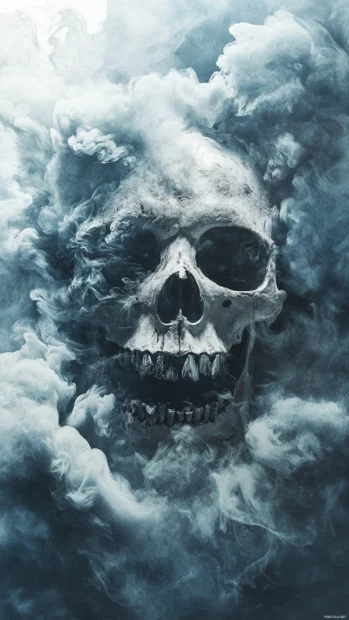 Skull in storm of spray paint and faded ink.