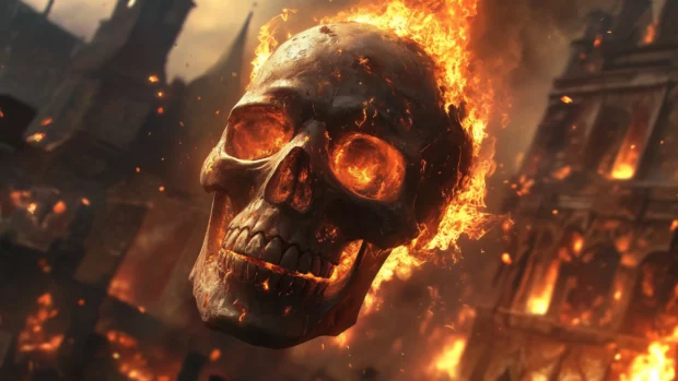 Skull in the center of a roaring inferno, flames reflecting off its surface, showcasing fire details.