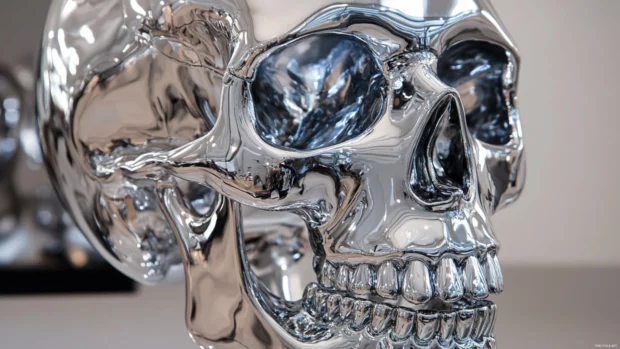 Skull layered with reflective chrome strips.