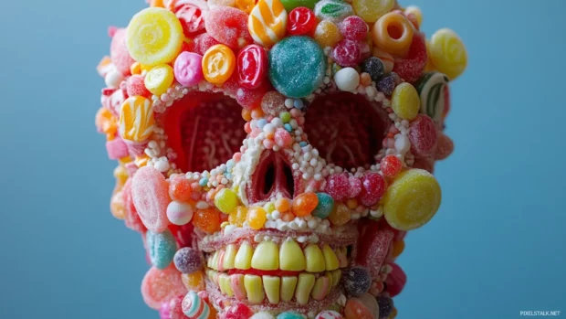 Skull made of candy and lollipops.