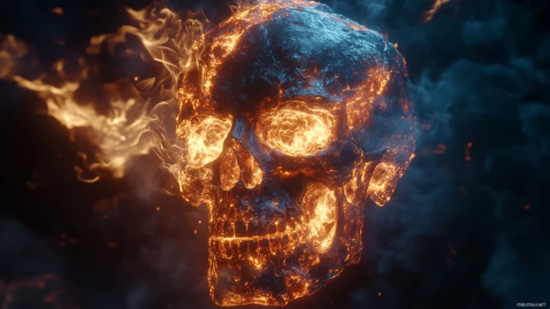 Skull made of fire, fiery hollow eyes, embers glowing against dark smoky background.