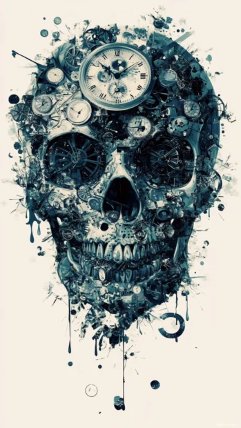 Skull made of melting clocks and distorted paint symbols.