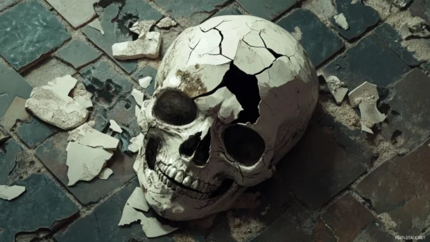 Skull mask shattered on tiled battlefield.