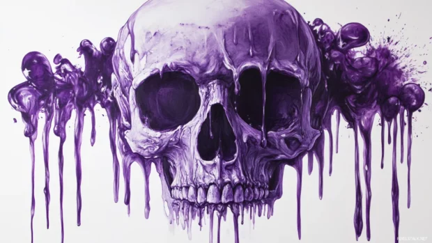 Skull melting into dripping shadows and purple ink.