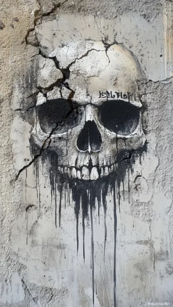 Skull melting over cracked cement wall tagged with names.