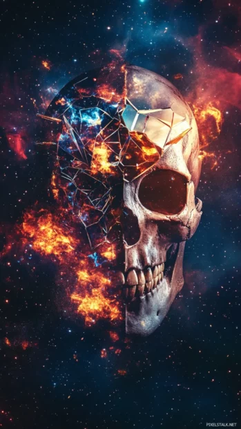 Skull merged into galaxy background with shattered glass mask.