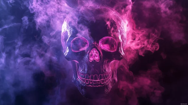 Skull outlined by smoke spirals above neon alley.