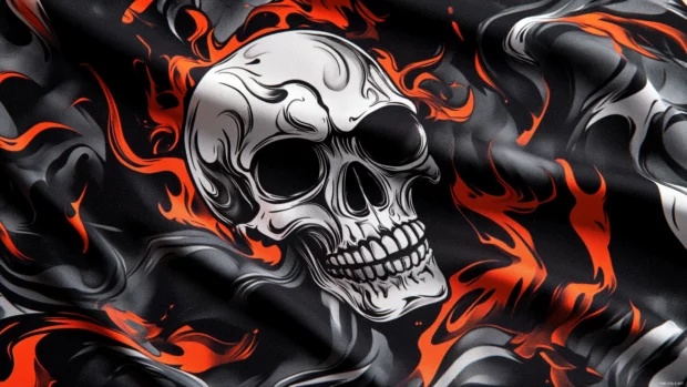 Skull outlined in flames with chrome finish in cool skull wallpaper design.