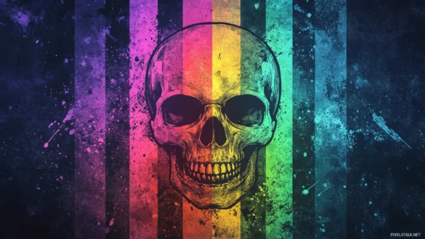 Skull outlined in rainbow glitch stripes and spray textures.