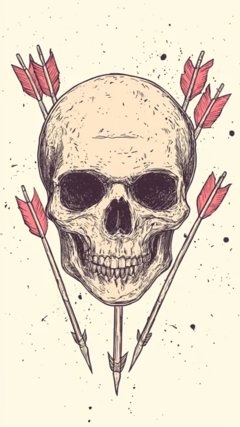 Skull pierced by arrows in flat ink comic style.