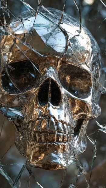 Skull reflected in shattered glass with urban decay.