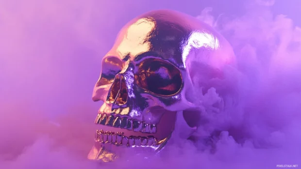 Skull rendered in reflective gold and violet smoke layers.