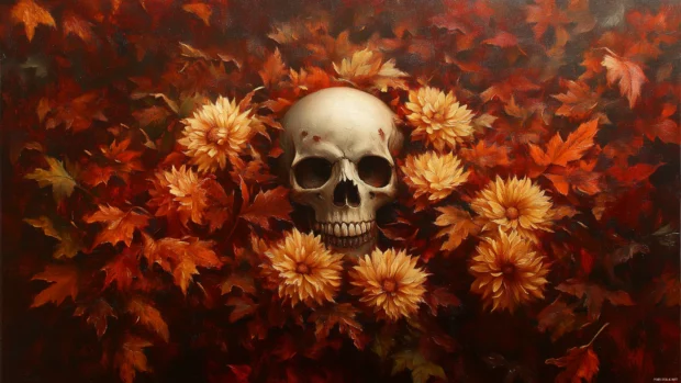 Skull resting within a bed of autumn leaves and chrysanthemums, evoking a seasonal theme with warm, earthy tones.