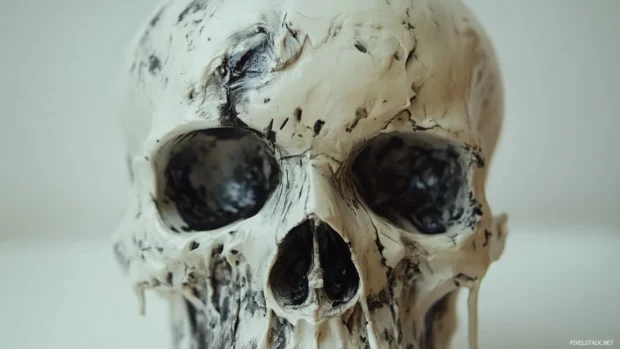 Skull sculpted from wet clay and ink stains.