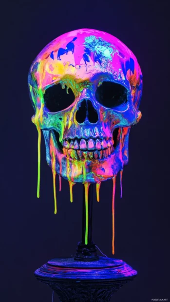 Skull sculpture dripping neon paint on rose pedestal.