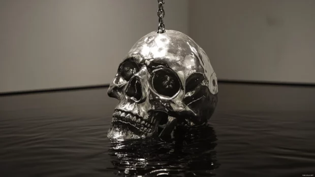 Skull sculpture suspended over black liquid floor.