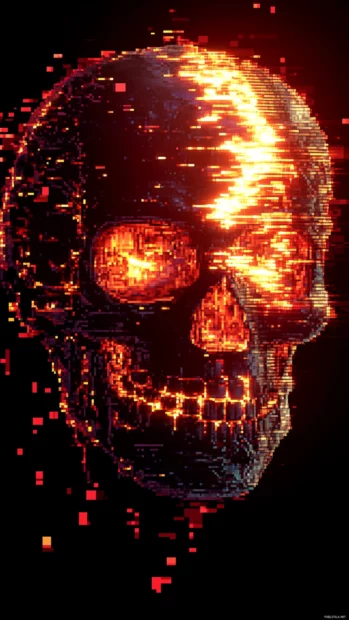 Skull shining with glitch texture and red pixel burn.