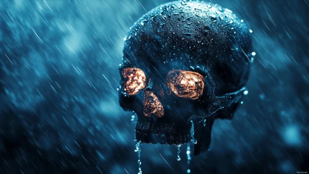 Skull silhouette glowing under heavy rain and thunder blur.