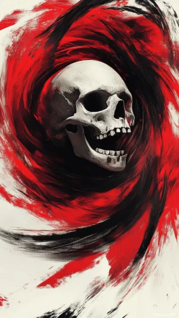 Skull spinning in vortex of red and black brush strokes.