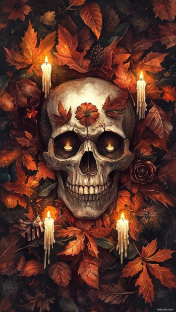 Skull surrounded by autumn leaves and candle halos.