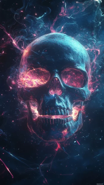 Skull surrounded by exploding particle trails and glow.
