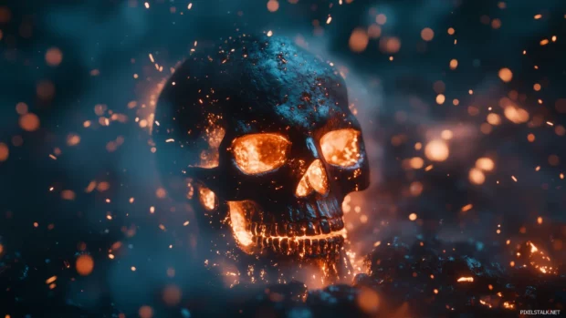 Skull surrounded by fire, sparks, illuminated against dark backdrop, intense heat.