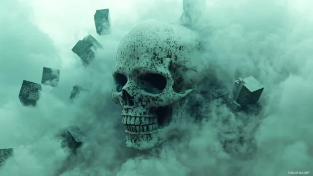 Skull surrounded by glitch cubes in static fog.