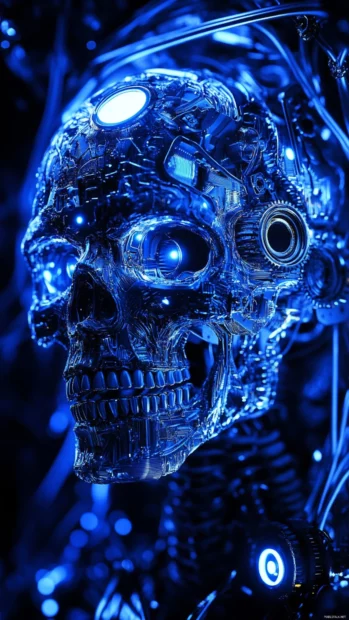 Skull surrounded by mechanical wires and gears in a tech glow.