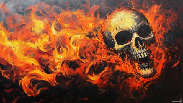 Skull surrounded by roaring flames, fiery orange and red hues swirling for a dramatic scene.