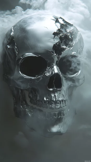 Skull under moonlight fog with fractured chrome.