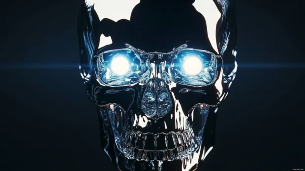 Skull wallpaper 4K featuring glowing eyes and chrome finish.