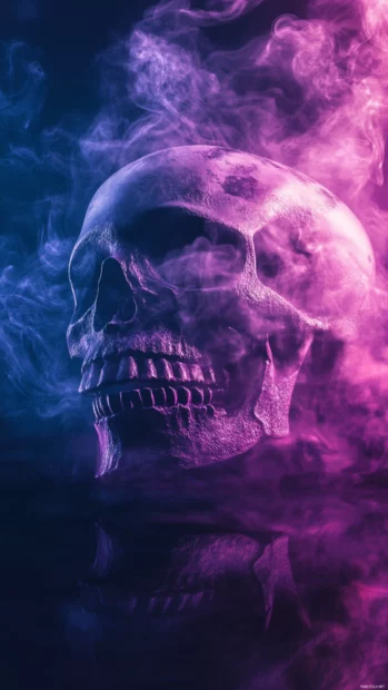 Skull wallpaper 4K for iPhone featuring purple smoke and glass reflections.