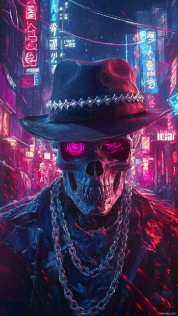 Skull wearing a fedora and diamond chain, surrounded by neon lights and graffiti.
