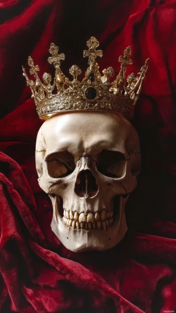 Skull wearing gold crown with red velvet backdrop.