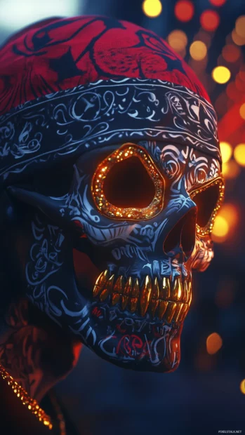 Skull with a bandana and gold teeth, adorned with graffiti style designs, against a dark urban background.
