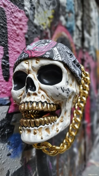 Skull with a bandana over its mouth, gold chain, surrounded by graffiti art.