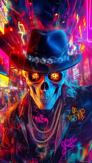 Skull with a fedora and diamond chain, amidst neon lights and urban graffiti.