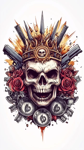 Skull with a fierce expression, wearing a spiked crown and surrounded by guns, roses, and money symbols, in a bold vector art style.