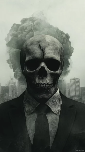 Skull with a scar in a suit, surrounded by a smoky cityscape, creating a mysterious vibe.
