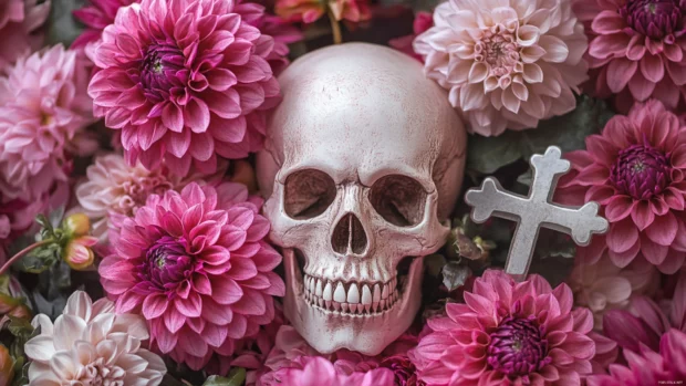 Skull with blooming dahlias and cross symbols in the background.