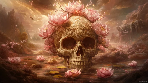 Skull with blooming lotuses, cherry blossoms, Eastern style, mystical serene aesthetic.