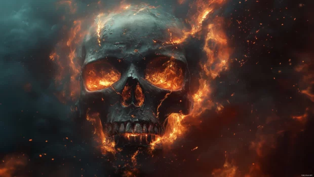 Skull with burning eyes, molten lava flowing through cracks, flames swirling for a fierce effect.