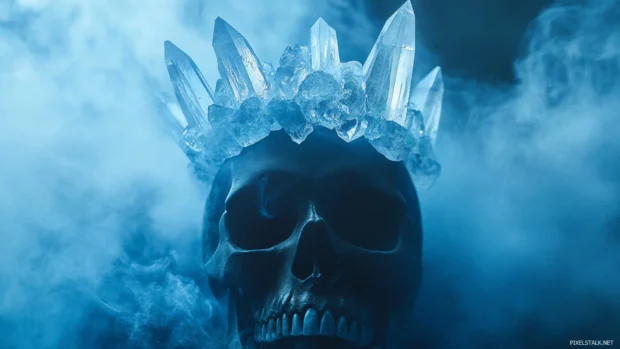Skull with crystal crown glowing softly in blue haze.