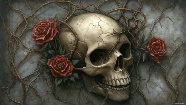 Skull with dark eye sockets, crimson roses, thorny vines, gothic dramatic aesthetic.