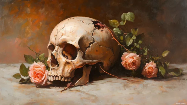 Skull with decaying roses, cracks, smoky shadows, hauntingly beautiful atmosphere.