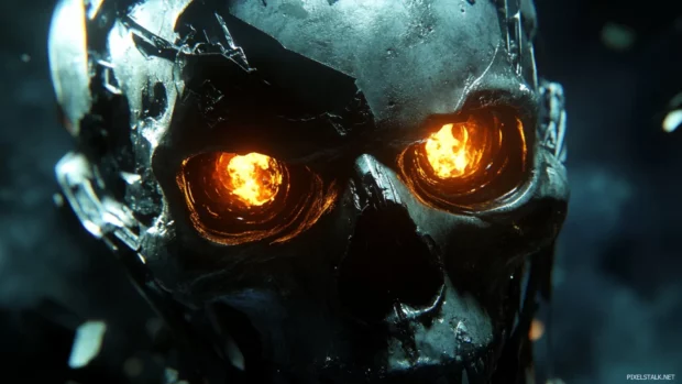 Skull with eye sockets glowing through shattered visor.