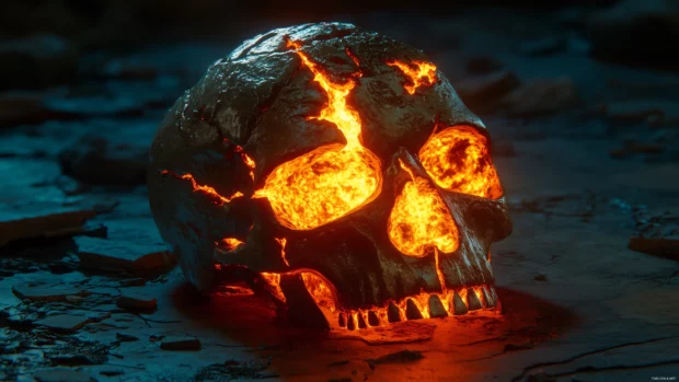 Skull with fiery cracks glowing red and yellow, contrasted against deep shadows.